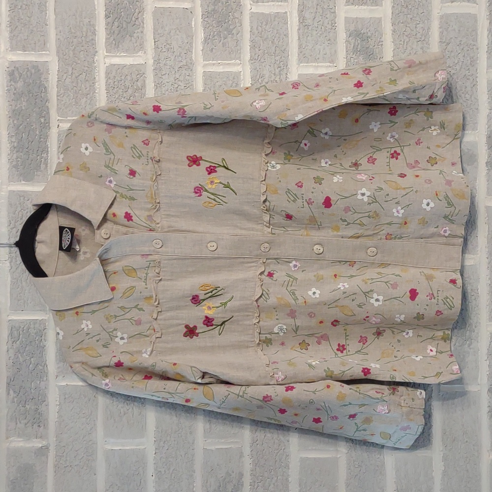 Vintage Produce Company 100% Linen Women's Floral Ruffle Button Down Size Small